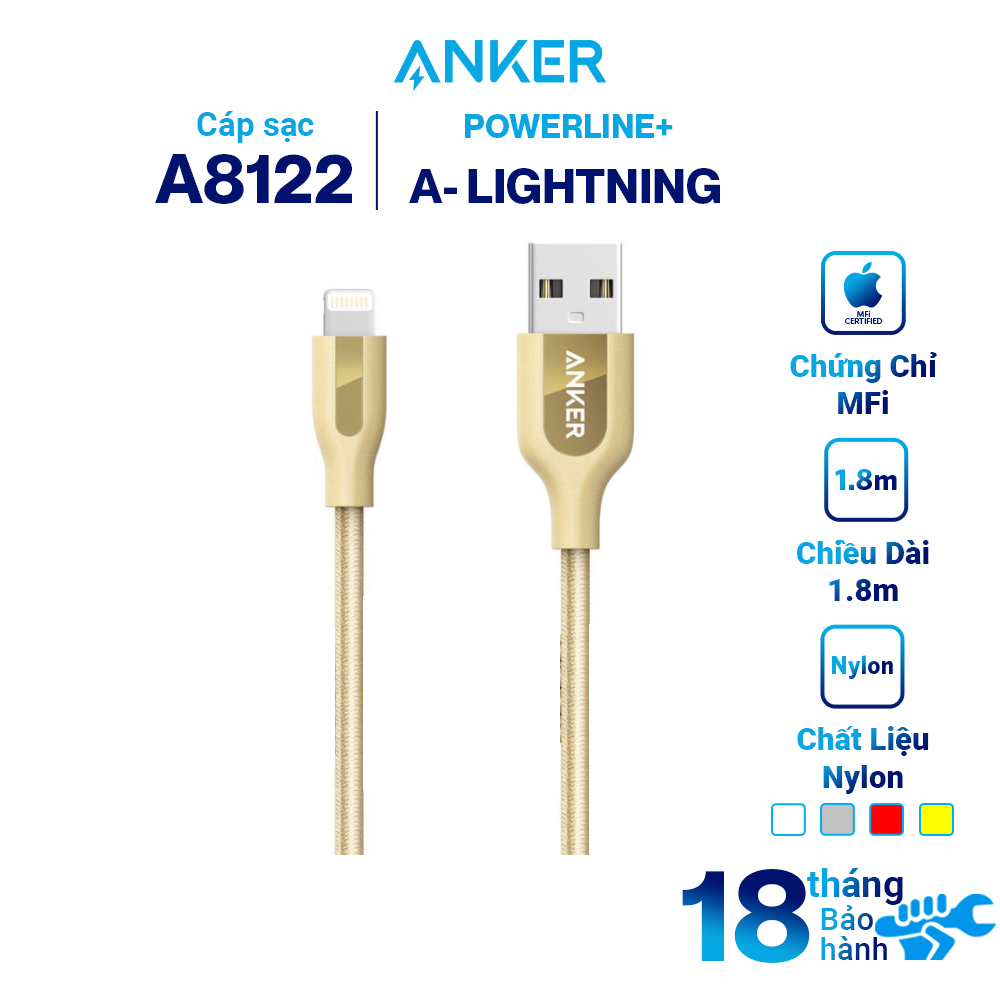 Dây Cáp Sạc Lightning Cho iPhone Anker PowerLine+ 1.8m (Không Kèm Bao Da) - A8122 - Hàng Chính Hãng