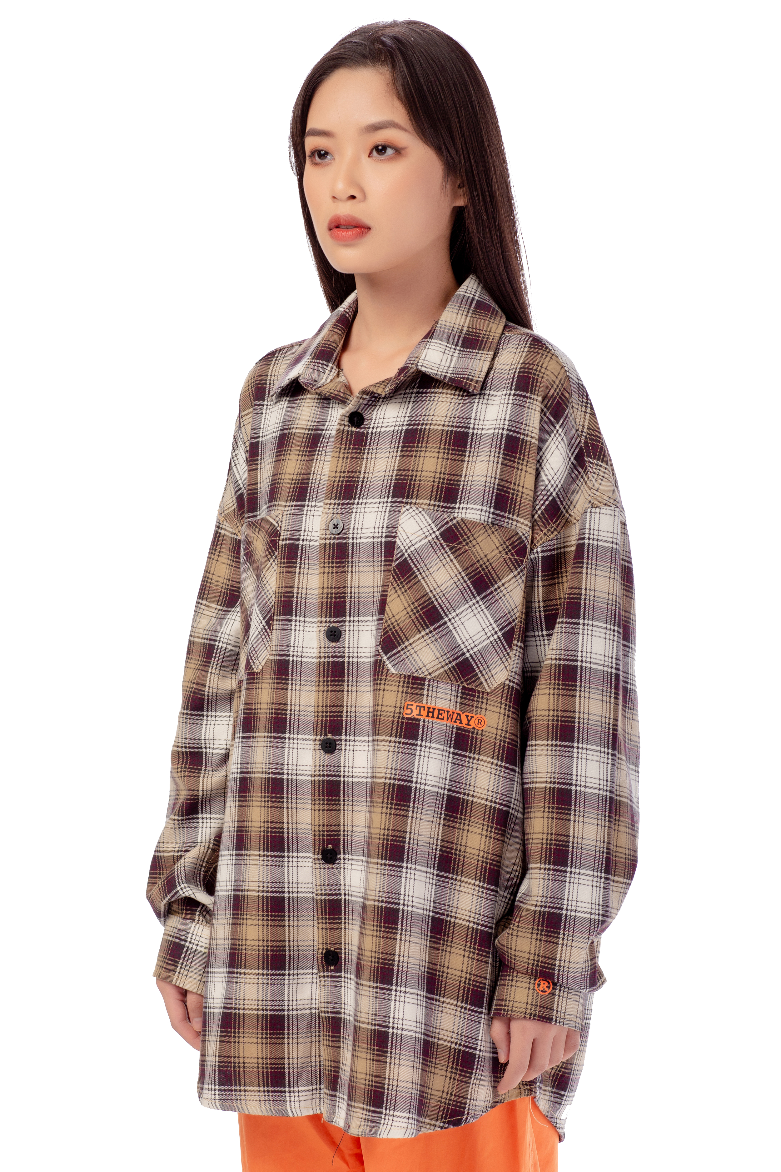 Áo Sơ Mi Flannel 5THEWAY Tay Dài Sọc Caro Tím Cam aka /stroke/ BIG LOGO FLANNEL SHIRT in PU/GR