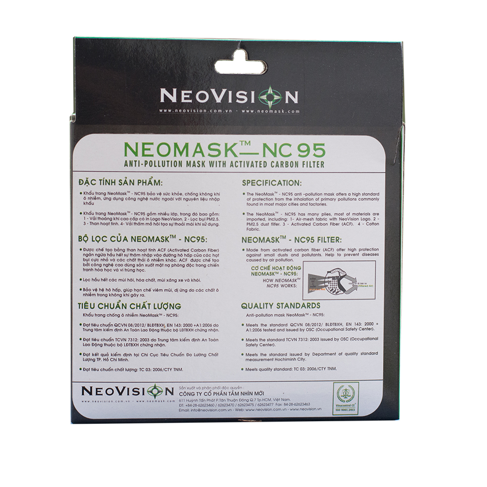 Khẩu trang (Combo 02) - Khẩu trang than hoạt tính NeoVision NeoMask NC95, chuẩn N95 (Thun qua gáy-Có hộp) - Chống bụi siêu mịn PM2.5, lọc khuẩn BFE >95% (Được cấp bởi Nelson Lab), kháng khuẩn, chống giọt bắn có thể giặt tái sử dụng