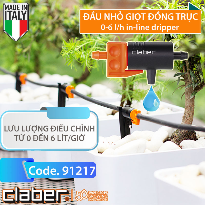 Đầu Tưới Nhỏ Giọt Liền Trục Claber 91217, điều chỉnh được lưu lượng 0-6l/h, bịch 10 cái, kết nối ống 4-6mm