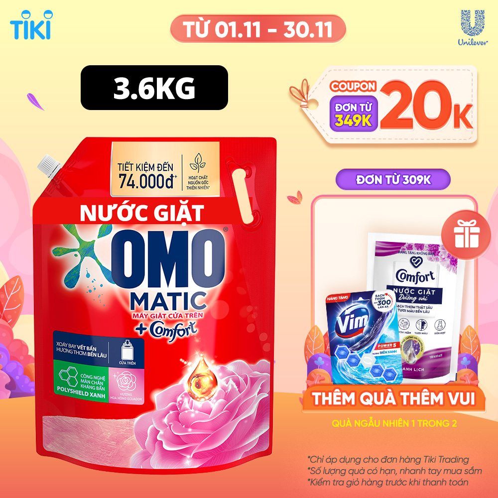 Túi Nước giặt OMO Matic Comfort Hương Hoa Hồng Ecuador cho máy giặt cửa trên 3.6kg