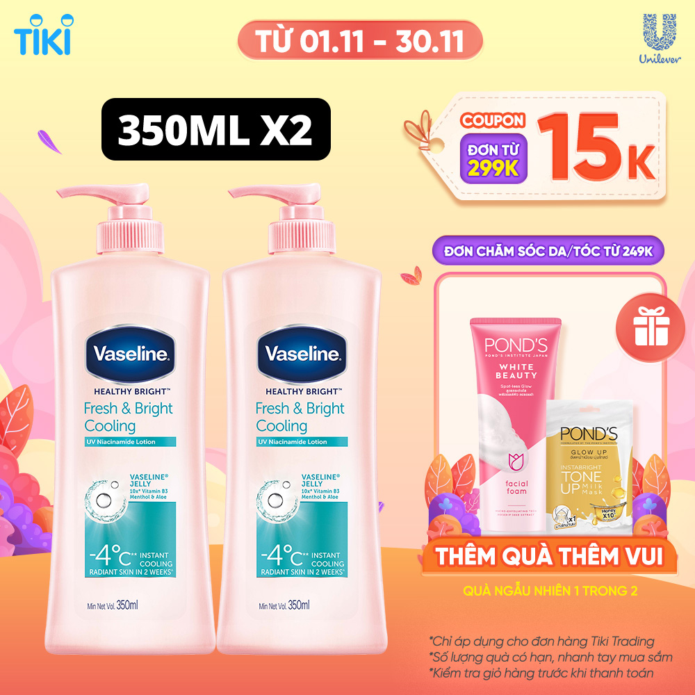 Combo 2 Gel dưỡng thể dưỡng sáng mát lạnh Vaseline Fresh &amp; Bright 350ML/chai