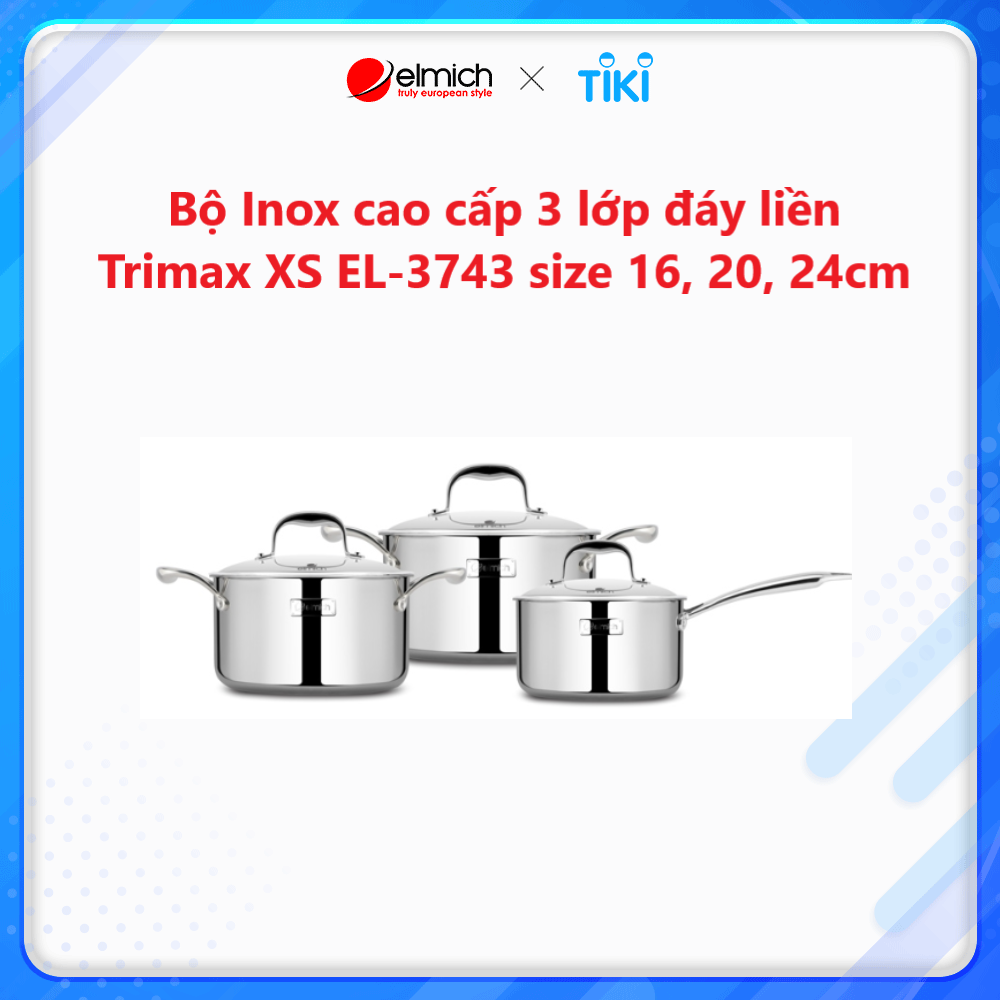 Bộ Inox cao cấp 3 lớp đáy liền Elmich Tri-max XS EL-3743 size 16, 20, 24cm