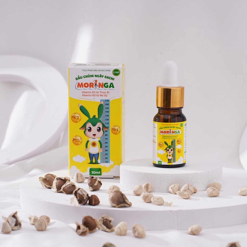 Dầu chùm ngây Sachi Moringa 10ml - Bổ sung Vitamin D3 và K2 tăng hấp thu Canxi, phát triển chiều cao, chống còi xương, suy dinh dưỡng 