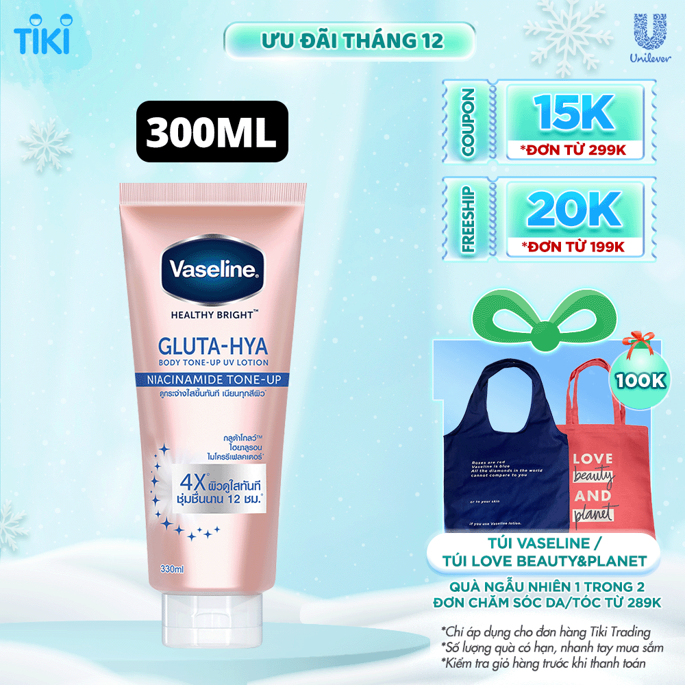 Vaseline Gluta-Hya Dưỡng Thể Nâng Tông Tức Thì Gấp 4 Lần 300ML