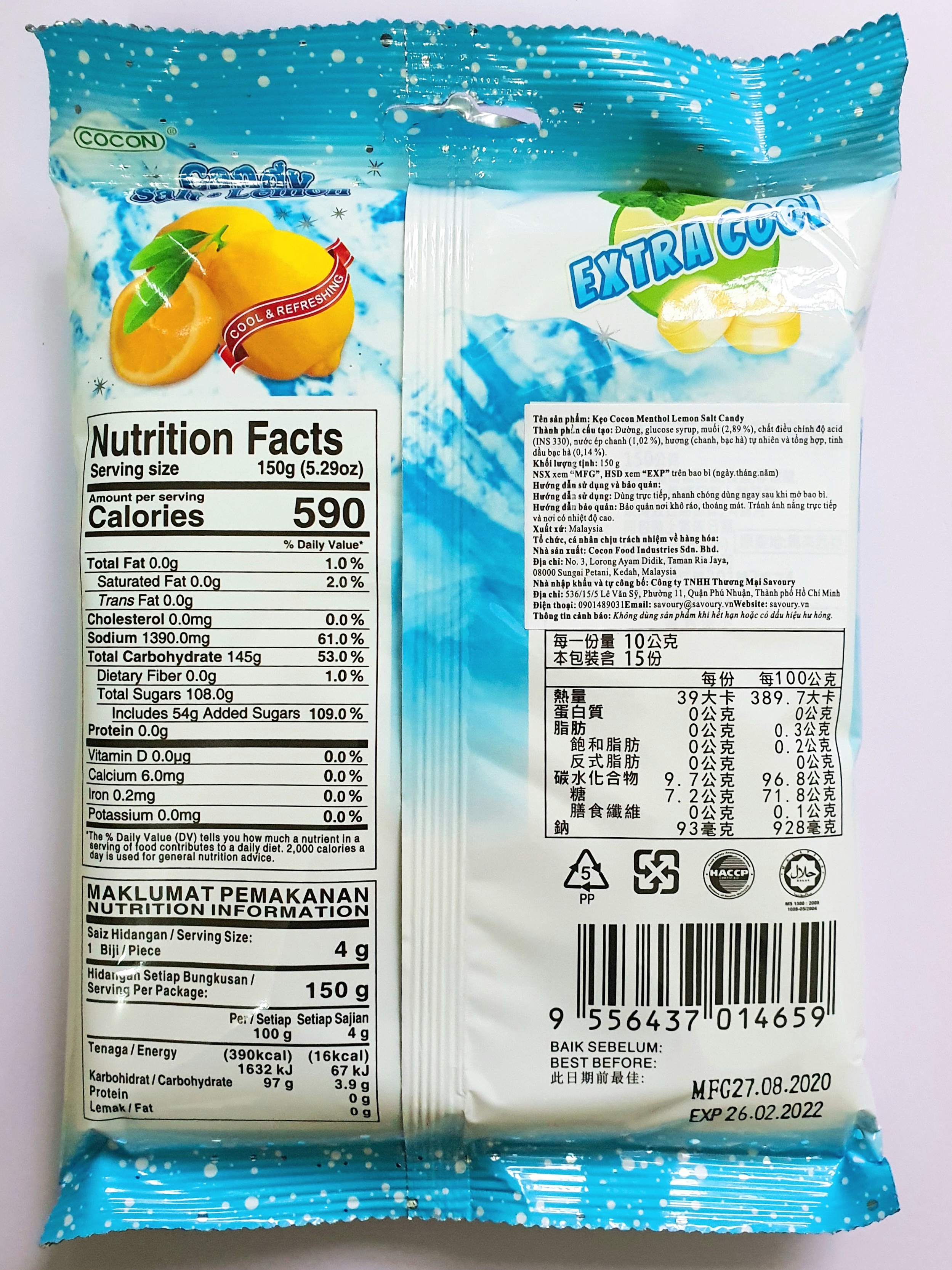 KẸO CHANH MUỐI BẠC HÀ - COCON MENTHOL LEMON SALT CANDY (Gói 150gr)