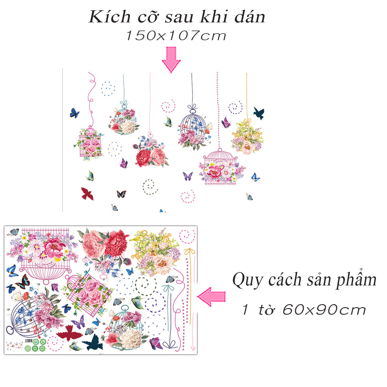 Decal dán tường trang trí phòng khách, phòng cưới- Giỏ hoa sắc màu-mã sp XL8332