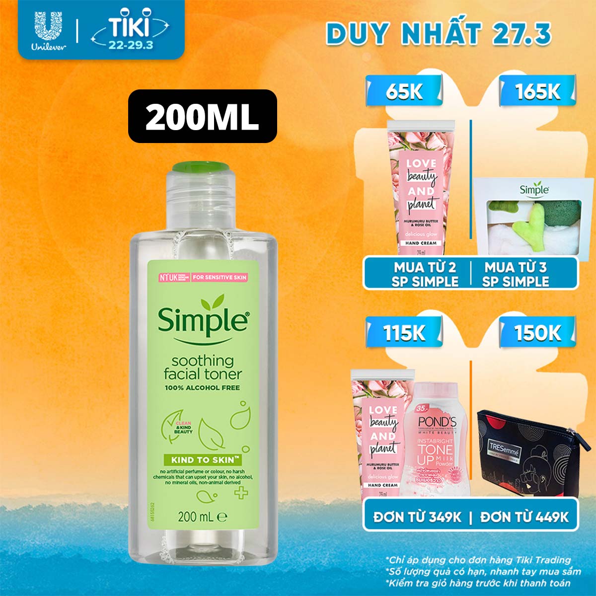 Nước hoa hồng Simple Toner làm dịu và cân bằng độ ẩm cho da - lành tính không chứa cồn 200ml [Chính hãng độc quyền]