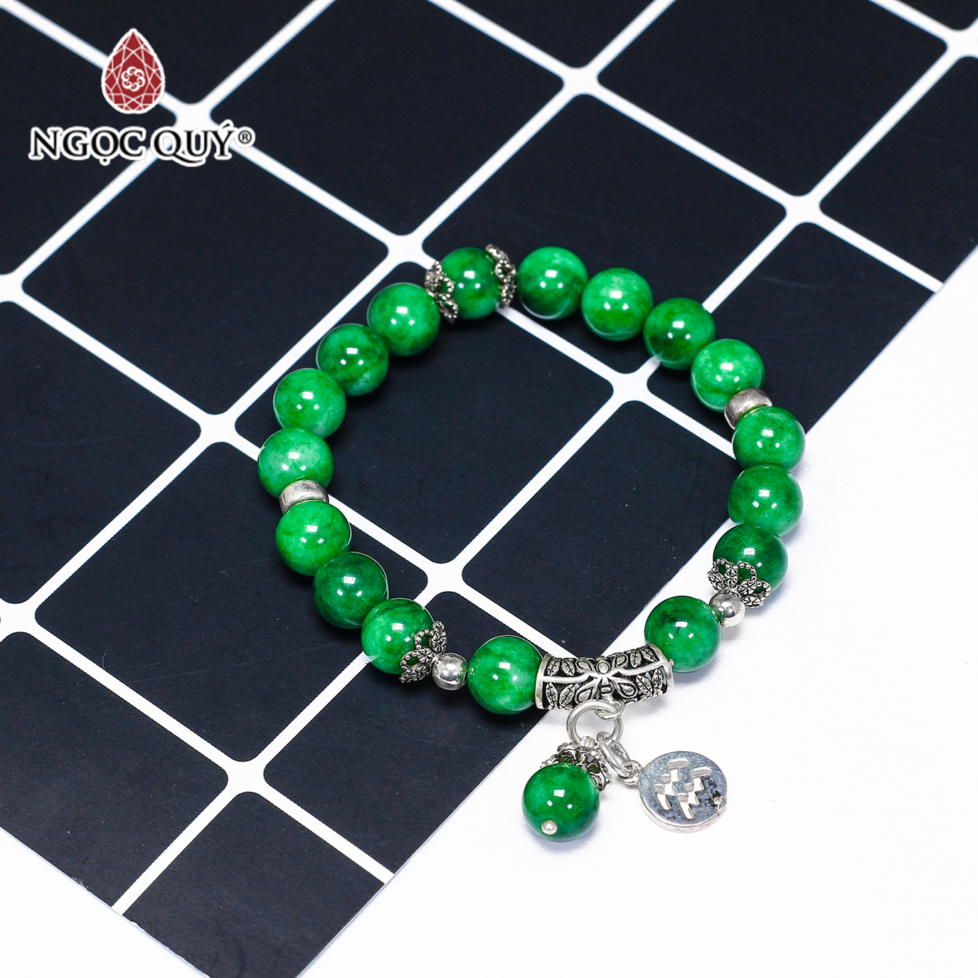 Vòng tay đá cẩm thạch sơn thủy charm 12 cung hoàng đạo bạc size hạt 8mm - Ngọc Quý Gemstones