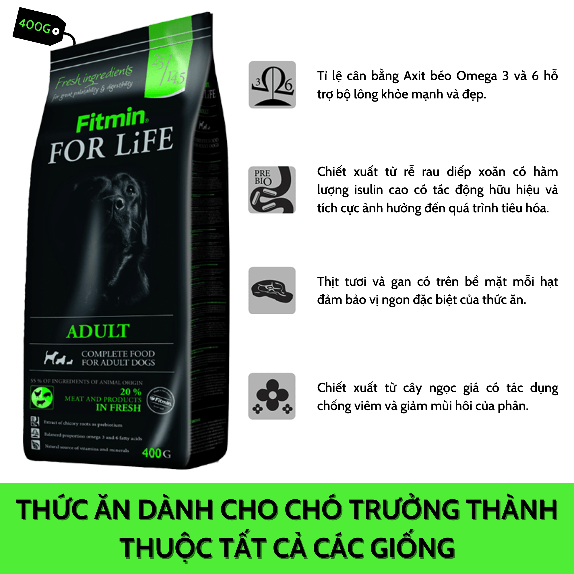 Thức Ăn Hảo Hạng Có Đến 30% Thịt Tươi Dành Cho Chó Trưởng Thành Tất Cả Các Giống - Fitmin Dog For Life Adult All Breeds 400G