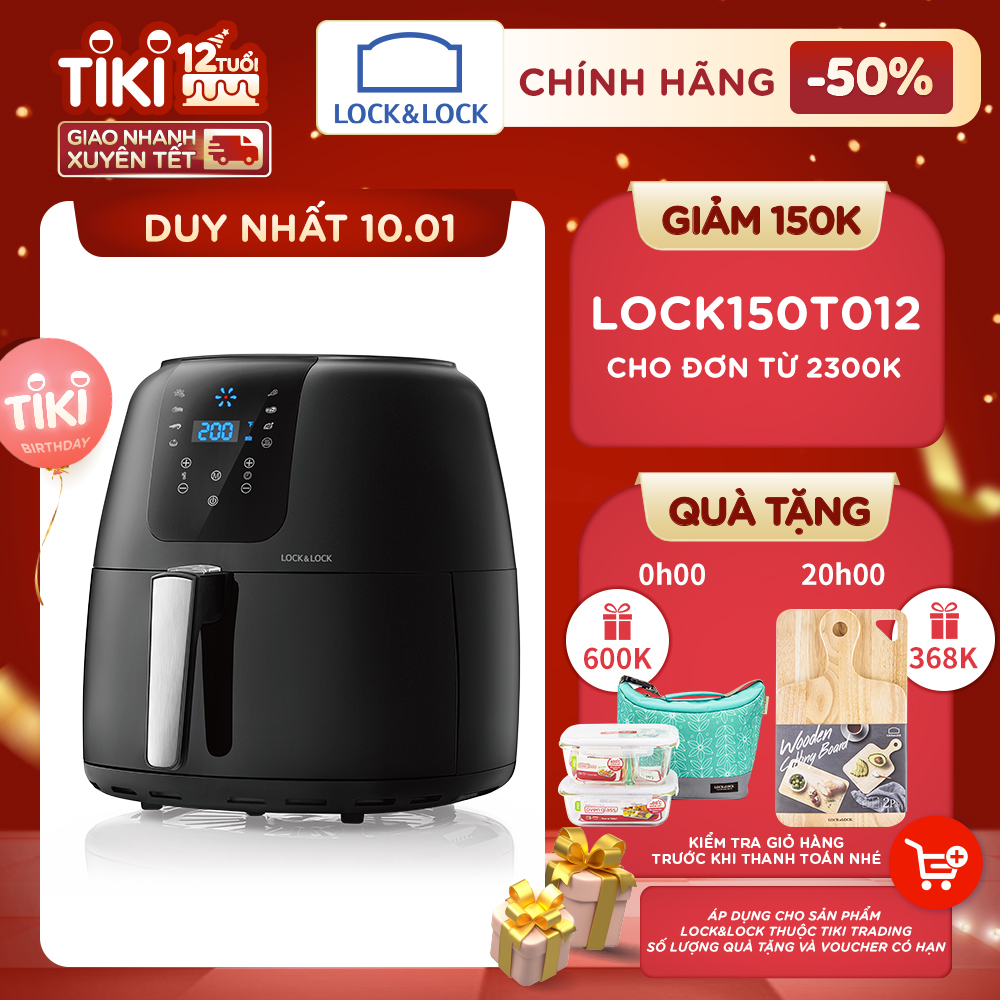 Nồi Chiên Không Dầu Điện Tử Lock&amp;Lock EJF296BLK (7.2 Lít) - Kèm Chảo Nướng - Hàng Chính Hãng