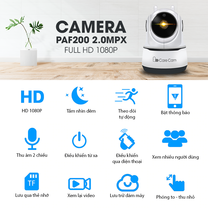 Camera Ip Giám Sát Chống Trộm Không Dây Thông Minh Model CARE PAF-200 Độ Phân Giải 2.0Mpx - Kết Nối Trực Tiếp Với Điện Thoại, Máy Tính, Ipad - Dùng APP CARECAM PRO - Nhập Khẩu