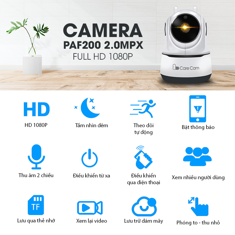 [ TẶNG THẺ 16GB ] Camera WIFI Giám Sát Trong Nhà 2 Râu Bắt Wifi Cực Khỏe PAF-200 - Full HD 1080P Độ Phân Giải 2.0Mpx - Đàm Thoại 2 Chiều Rõ Ràng - Dùng APP CARECAM PRO - Hàng Nhâp Khẩu