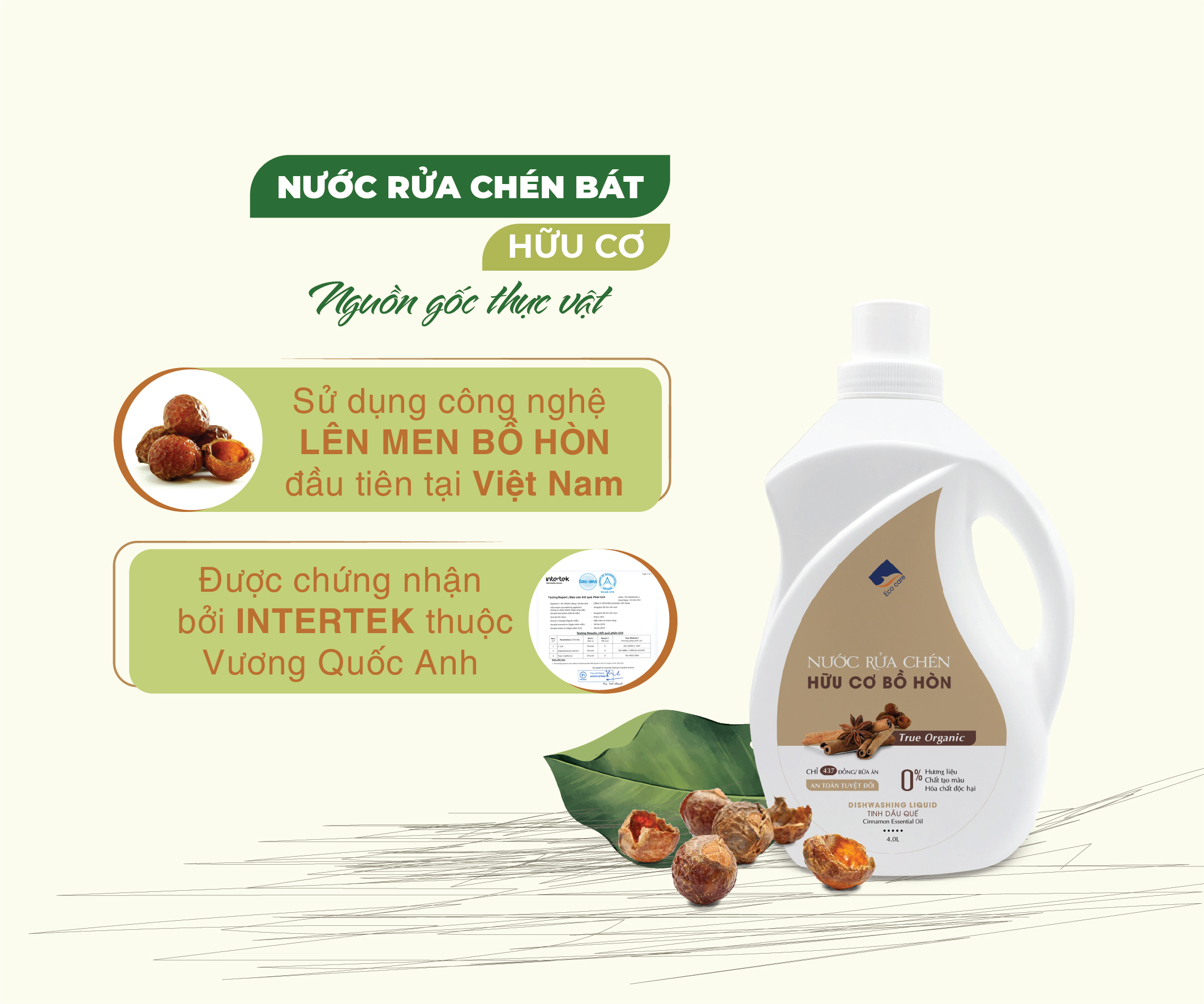 Nước rửa chén hữu cơ Bồ hòn Ecocare tinh dầu Chanh Gừng 2000ml