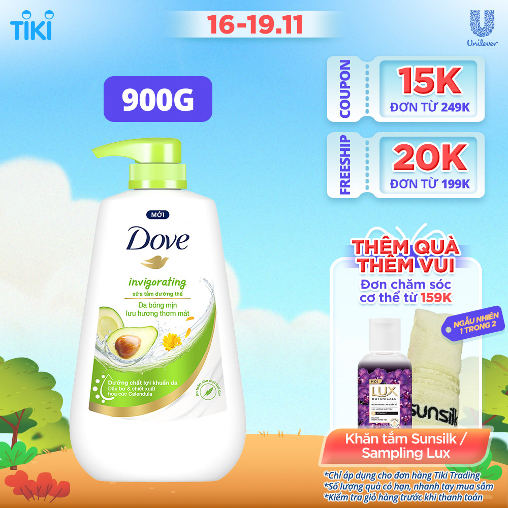 Sữa tắm dưỡng thể Dove Invigorating Da bóng mịn thơm mát với dầu bơ và hoa cúc Calendular 900g