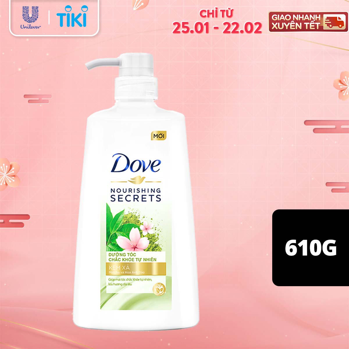 Kem xả Dove Matcha và Hoa Anh Đào - Dưỡng Tóc Chắc Khỏe Tự Nhiên 610gr