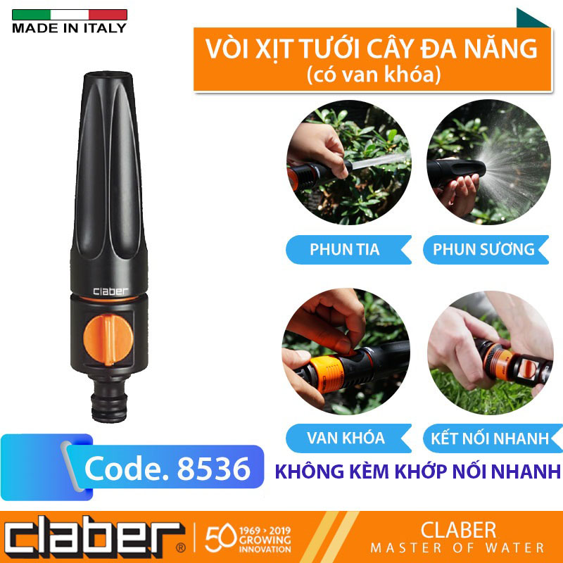 Vòi Xịt Tưới Cây Đa Năng Claber 8536, có van khóa, điều chỉnh được 2 chế độ, nhựa ABS, kết nối nhanh, không kèm phụ kiện