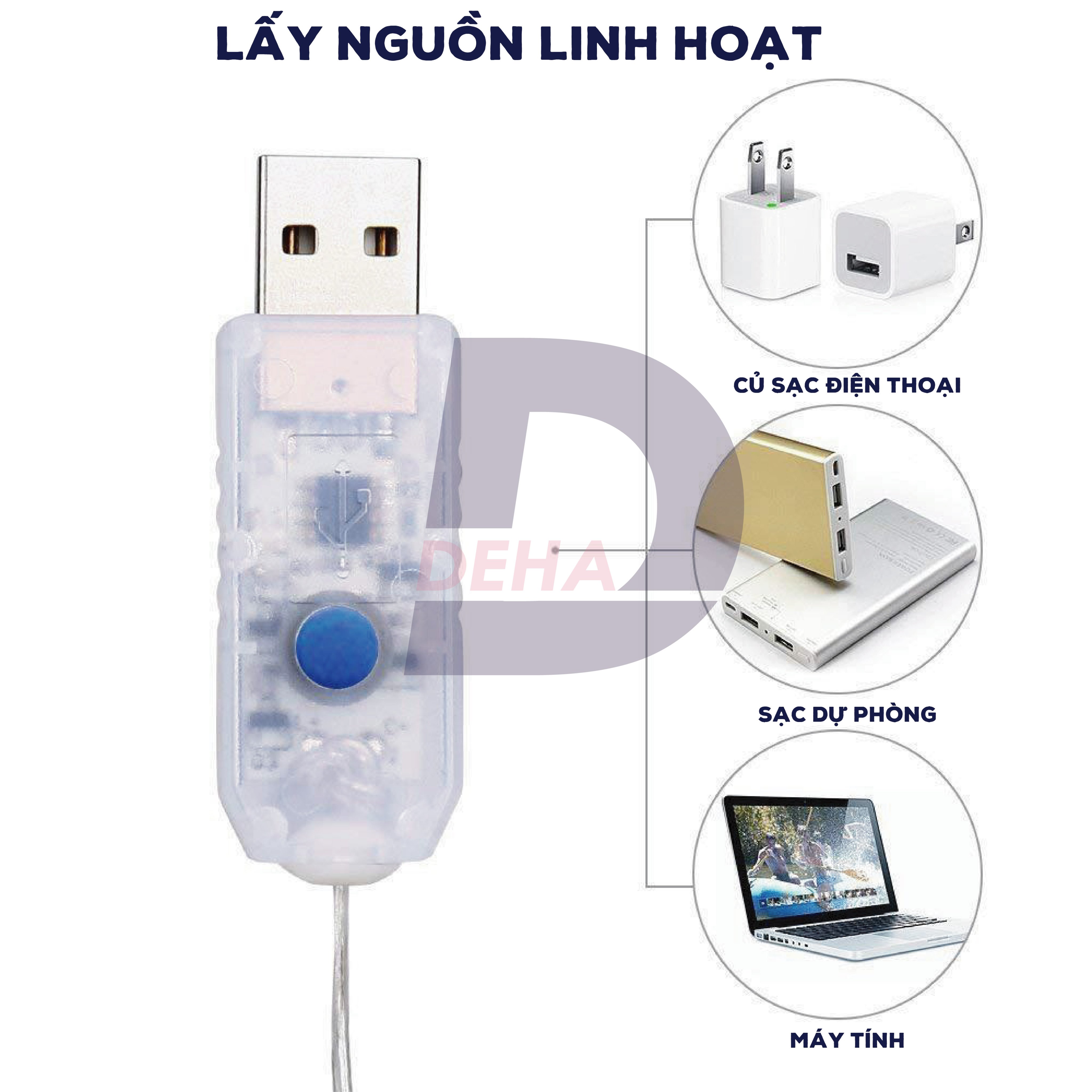 Hình ảnh Đèn led đom đóm DEHA trang trí 10 mét đầu cắm USB kèm điều khiển 8 chế độ nháy