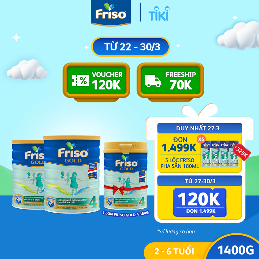 Bộ 2 Lon Sữa Bột Friso Gold 4 1400g Dành Cho Trẻ Từ 2 - 6 Tuổi + Tặng Lon Sữa Friso Gold 4 380g