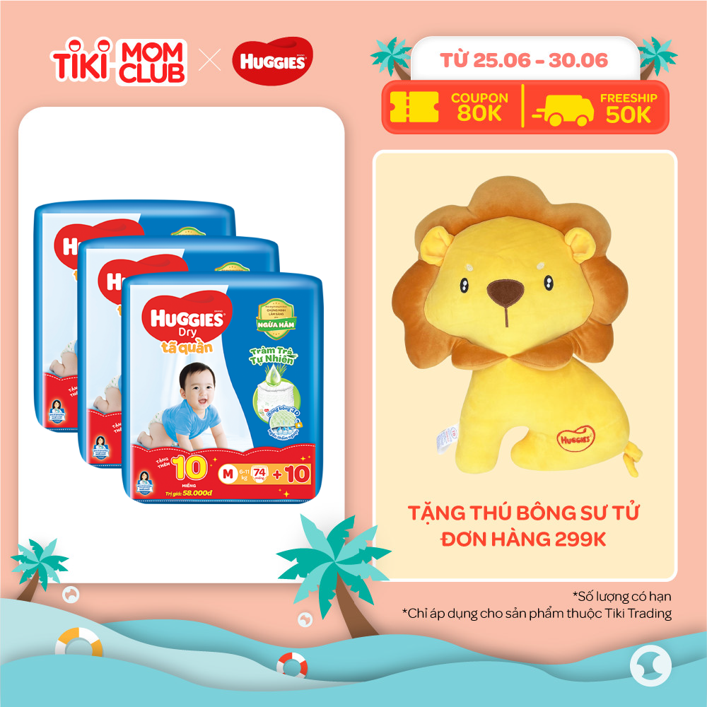 Combo 3 gói Tã Quần Huggies Dry Tràm Trà Tự Nhiên Gói Cực Đại M74 (74 miếng) + Tặng 10 miếng