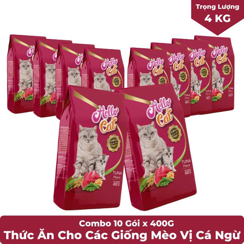 ( Combo 10 Gói ) Thức Ăn Cho Mèo Vị Cá Ngừ - Hello Cat Tuna 4KG ( 400g x 10Gói )