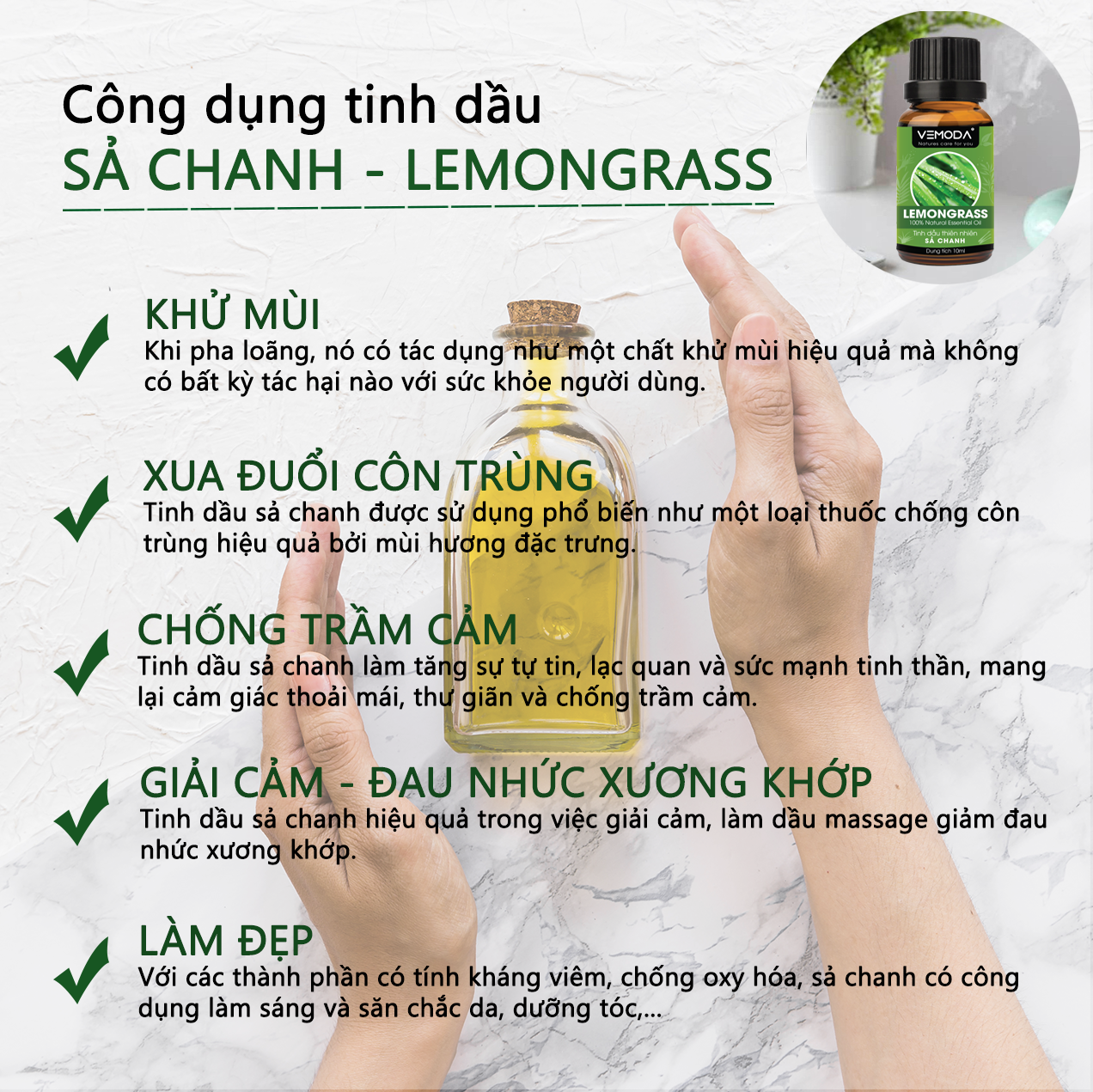 Tinh dầu xông phòng cao cấp gồm 3 chai tinh dầu nguyên chất Vemoda: tinh dầu Sả chanh (10ml) + tinh dầu Vỏ bưởi HG (10ml) +  tinh dầu Bạc hà (10ml)