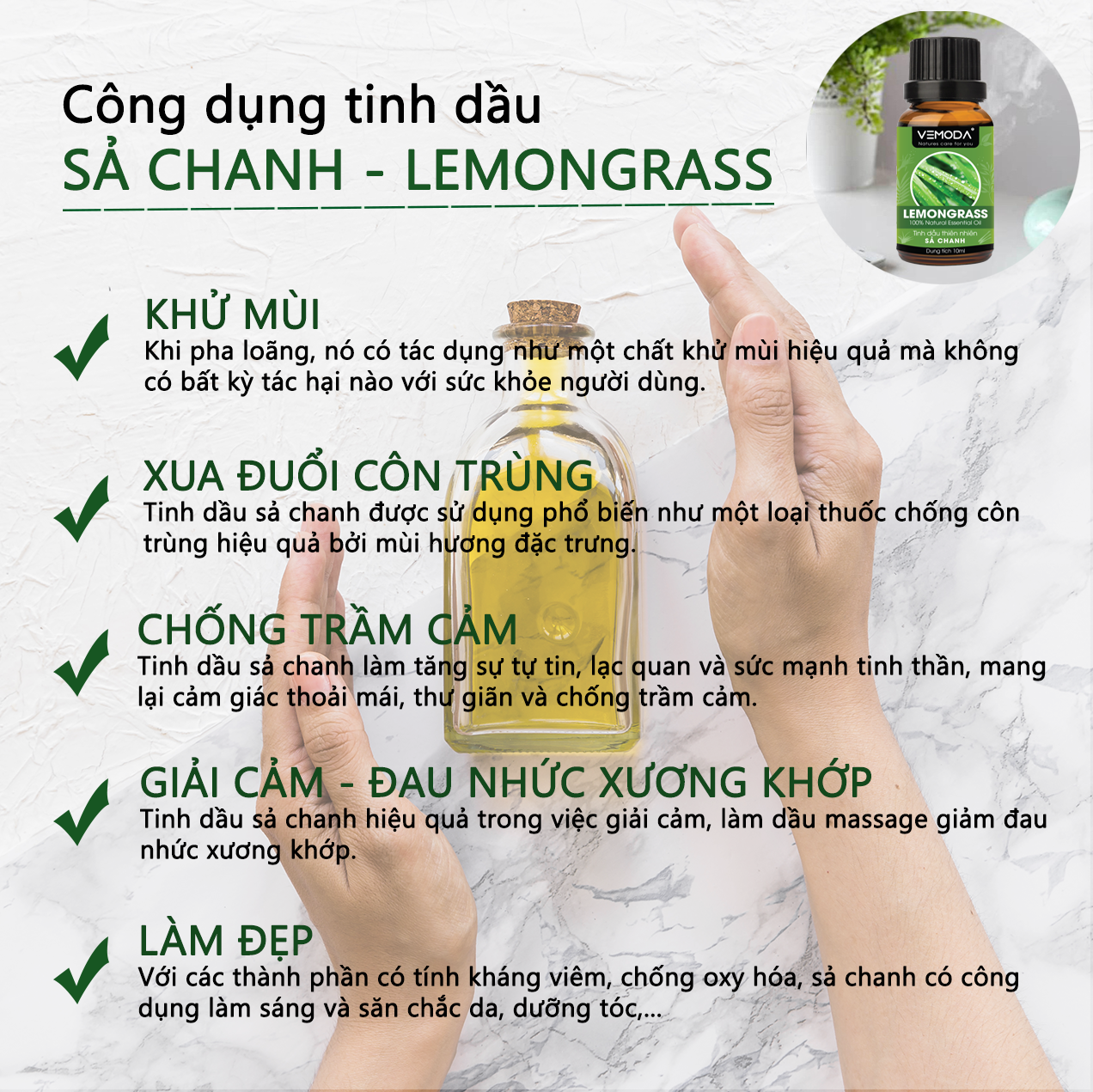 Tinh dầu thơm phòng cao cấp gồm 3 chai tinh dầu nguyên chất Vemoda: tinh dầu Oải hương Ấn + ttinh dầu Sả chanh Ấn + tinh dầu Bạc hà Ấn