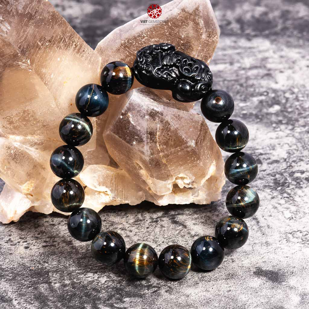 Vòng tay đá Mắt Hổ Xanh mix Tỳ hưu Obsidian VietGemstones