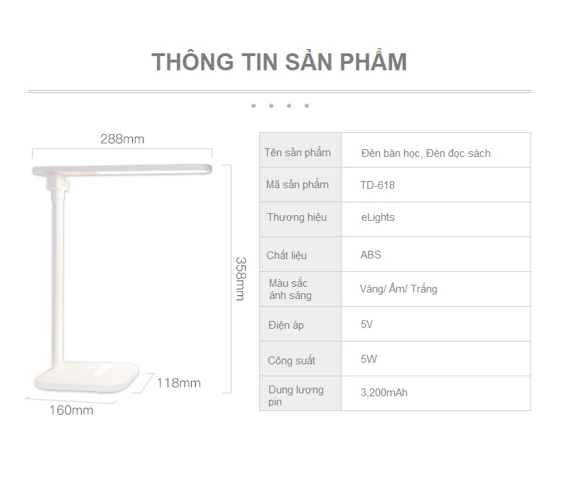 Hình ảnh Đèn Bàn Học Đọc Sách, Làm Việc (Học Sinh, Sinh Viên, Văn Phòng) LED Chống Cận, Cảm Ứng Tích Điện Pin 3200mAh eLights TD-618