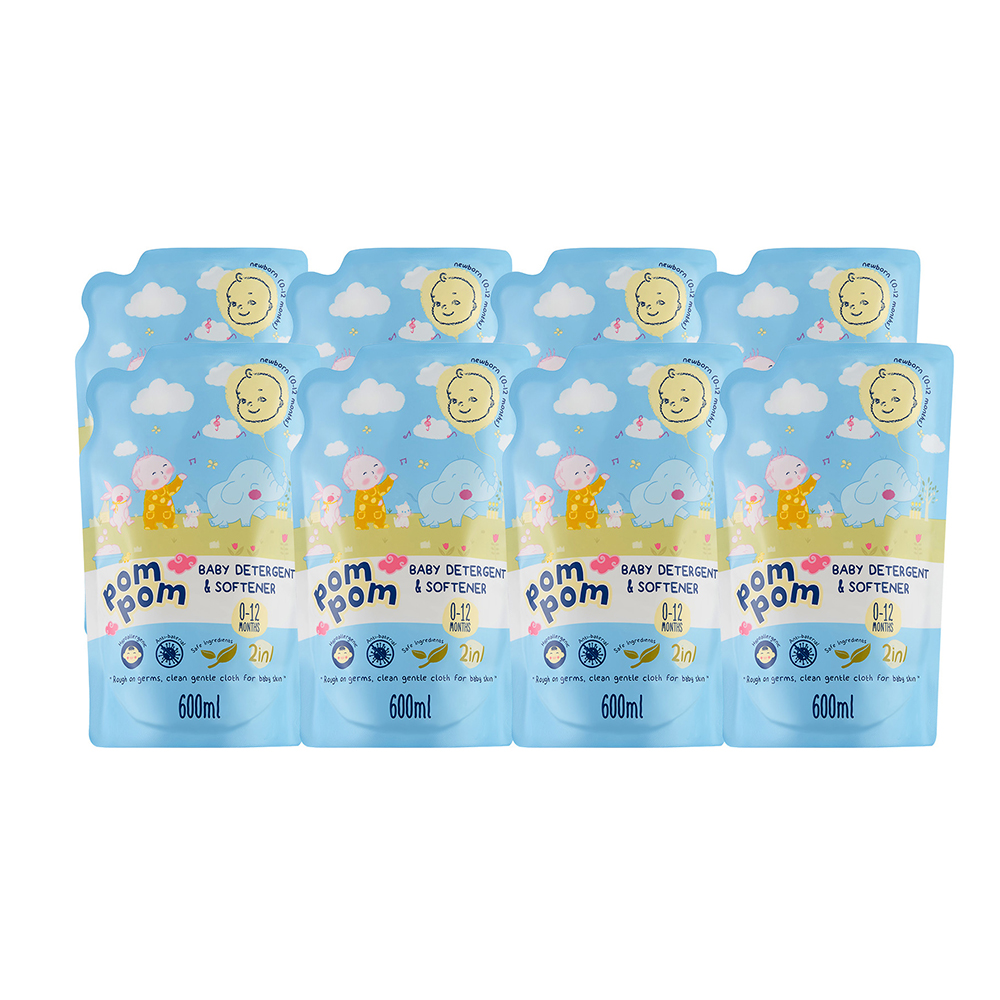 Thùng 8 Túi Nước Giặt Xả Pom Pom Newborn chuyên biệt dành cho bé sơ sinh 600ml (0 - 12 tháng)