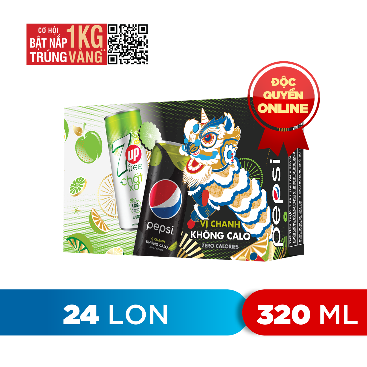 Thùng 24 Lon Mix 2 Vị Pepsi Chanh và 7Up Chất Xơ Không Calo (320ml/lon) - Độc Quyền Online