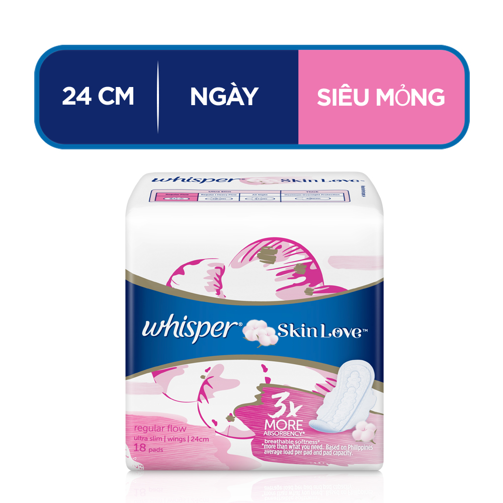 Combo 3 Băng Vệ Sinh Whisper SkinLove Siêu Mỏng Có Cánh Ngày Vừa 24cm (Gói 18  Miếng)