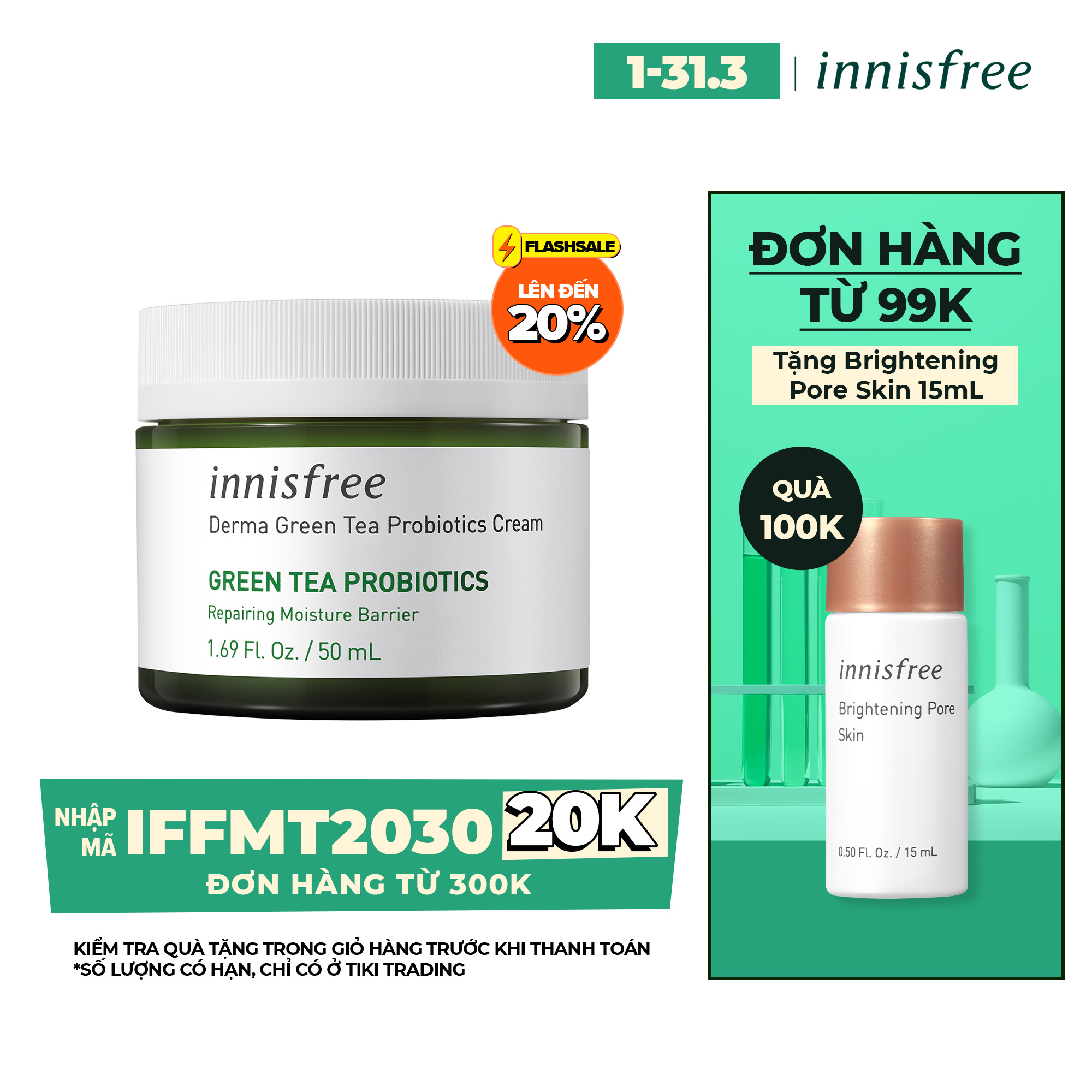 Kem Dưỡng Ẩm Phục Hồi Bảo Vệ Da Innisfree Derma Green Tea Probiotics Cream 50ml - 131172707