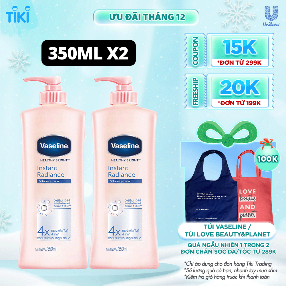 Combo 2 Sữa dưỡng thể dưỡng sáng da tức thì VASELINE Healthy Bright Instant Radiance 350ML/chai