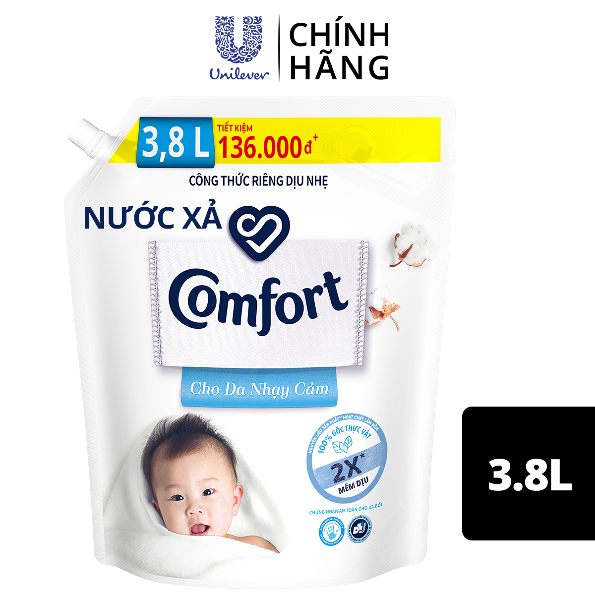Nước Xả Làm Mềm Vải Comfort Chăm Sóc Dịu Nhẹ Cho Da Nhạy Cảm 3.8L
