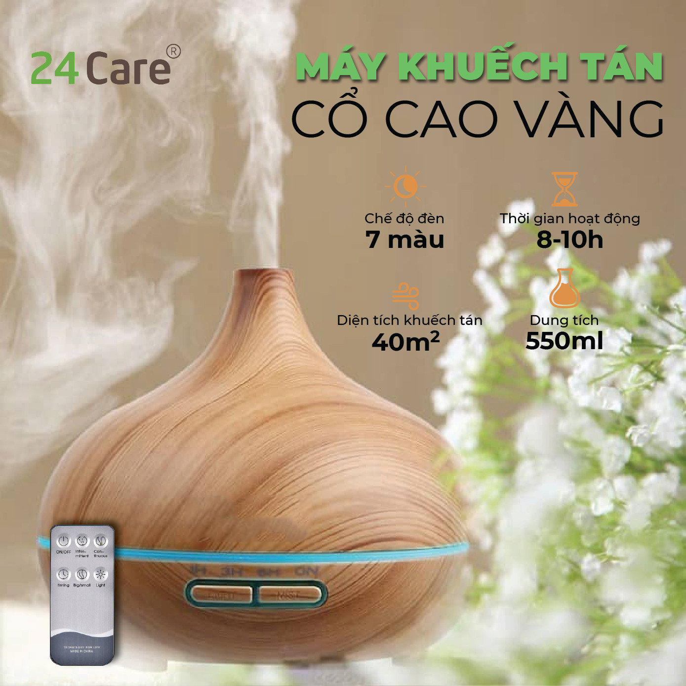 Máy khuếch tán Tinh Dầu 24Care Cổ Cao màu Vàng Ultrasonic 500ml, Tặng 3 Chai Tinh dầu Sả Chanh + Bạc Hà + Oải Hương 24Care 10ml | Xông Phòng | Kèm Remote Điều Khiển |Công nghệ siêu âm tiên tiến.