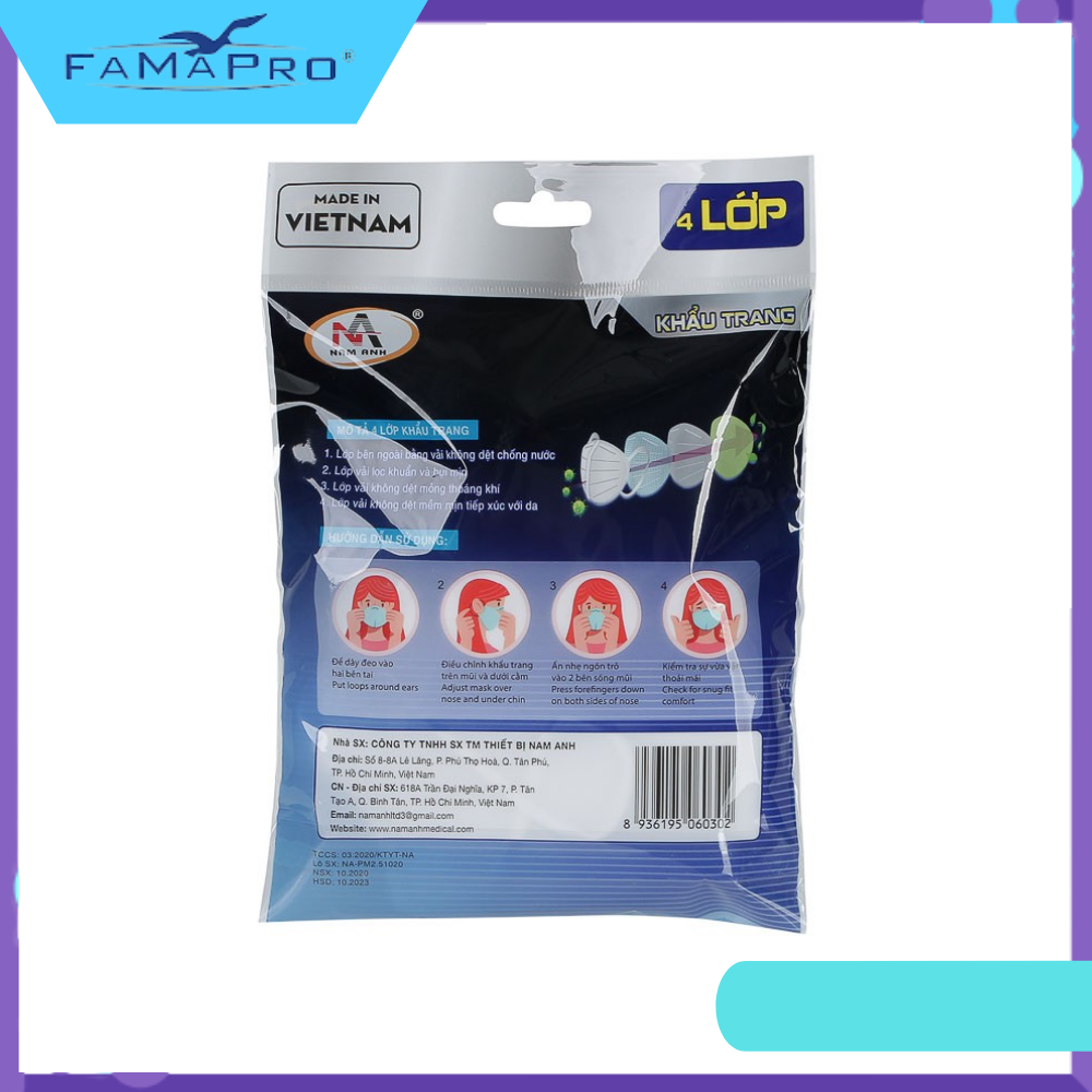 Khẩu trang y tế 4 lớp kháng khuẩn Famapro PM2.5 màu trắng (5 cái/ túi)