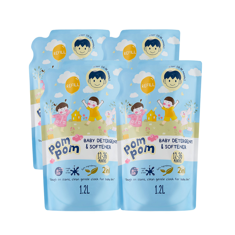 Nước Giặt Xả Pom Pom Active chuyên biệt dành cho bé năng động (12 – 36 tháng) - Thùng 4 Túi 1,2L