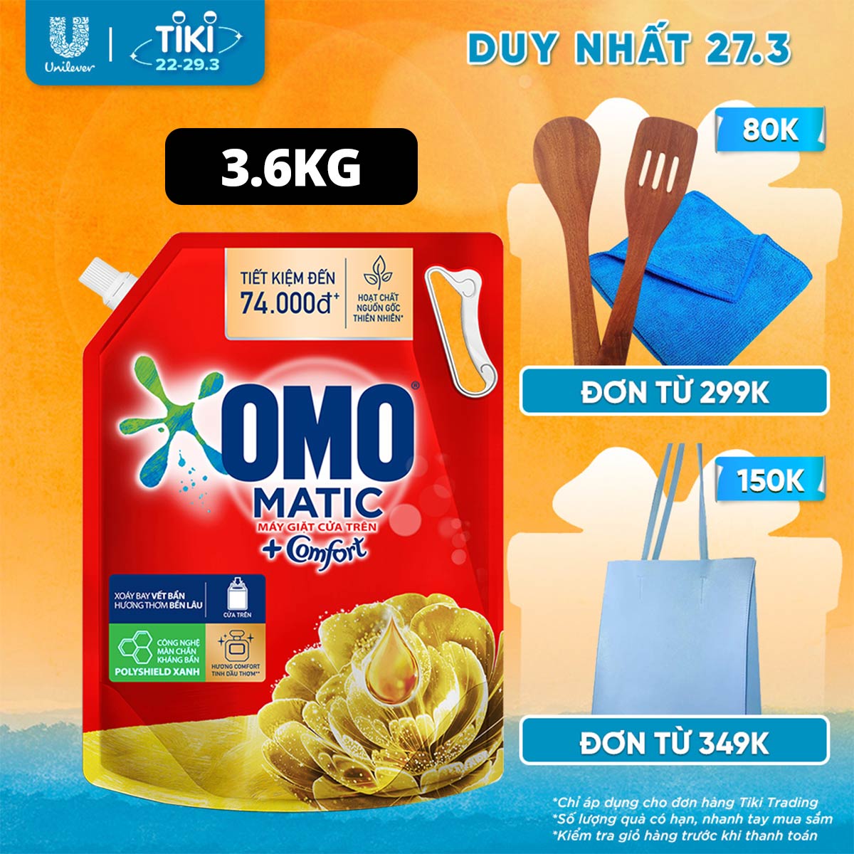 TúI Nước Giặt Omo Matic Comfort Cho Máy Giặt Cửa Trên Hương Tinh Dầu Thơm Xoáy Bay Vết Bẩn, Hương Thơm Bền Lâu 3.6Kg