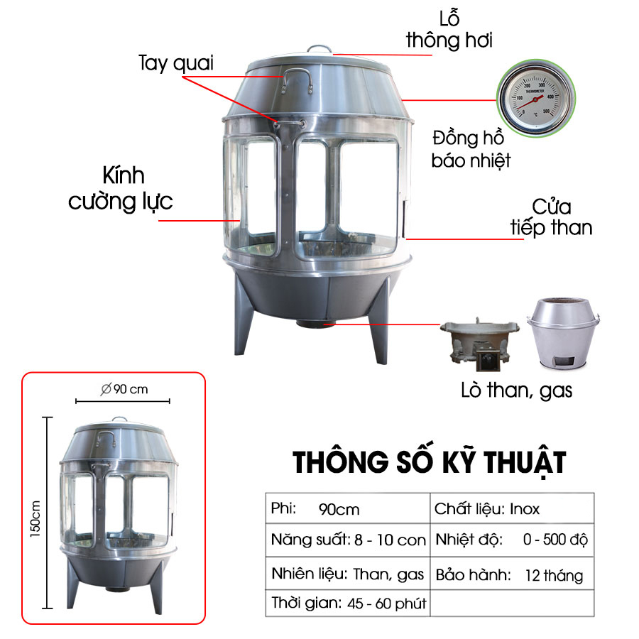 Lò Quay Gà Vịt Bằng Than Có Kính 90 NEWSUN - Hàng Chính Hãng