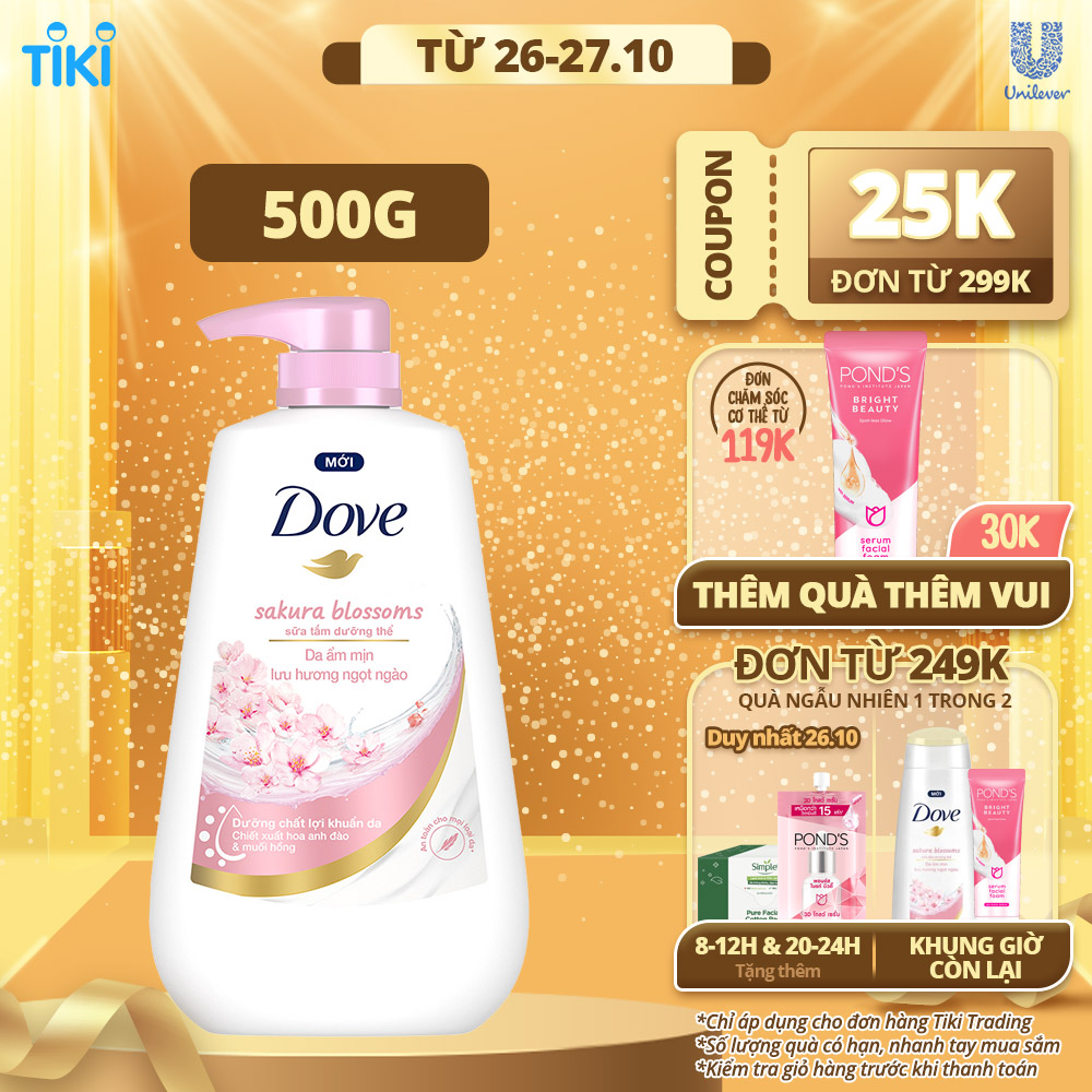 Sữa tắm dưỡng thể Dove Sakura Blossoms Da mềm mịn hương hoa với hương hoa anh đào &amp; muối hồng 500g