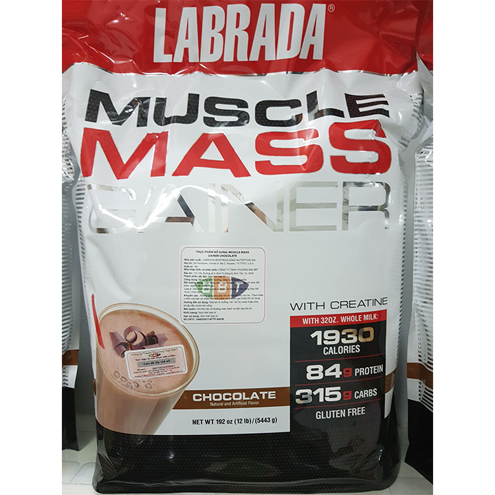 Combo Sữa tăng cân tăng cơ Muscle Mass Gainer của Labrada hương socola bịch 5.4 kg hỗ trợ tăng cân tăng cơ nhanh cho người gầy kén ăn, khó hấp thụ thức ăn tự nhiên & Bình lắc 600 ml (Màu Ngẫu Nhiên)