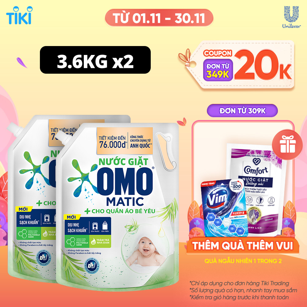 Combo 2 TúI Nước Giặt Omo Matic Cho Quần Áo Bé Yêu Chiết Xuất Tràm Trà Và Nha Đam Dịu Nhẹ, Sạsh Khuẩn , túi 3.6Kg