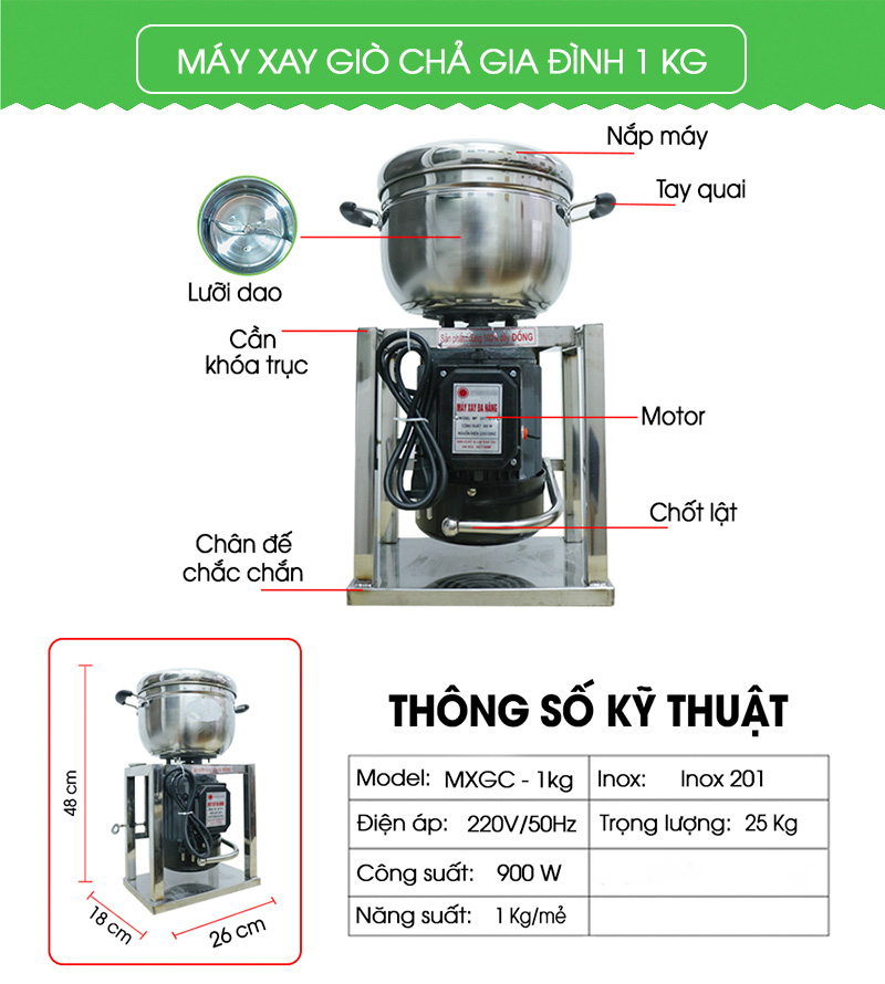 Máy Xay Giò Chả Mini 1 Kg/ Mẻ, Inox 201, Công suất 900W, Chân vuông