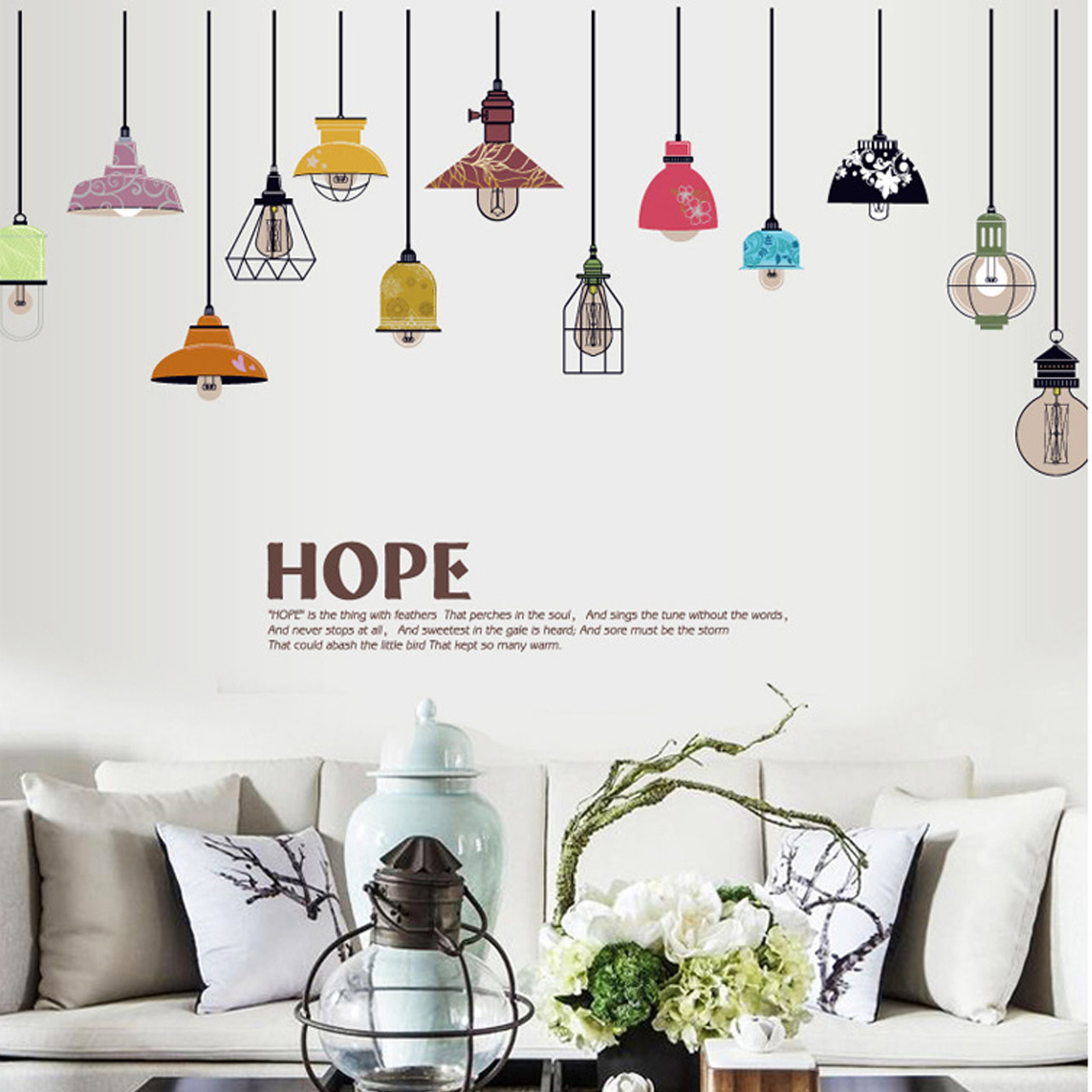 Decal dán tường trang trí quán cafe, phòng khách- Dây đèn treo chữ hope- mã sp SK9144