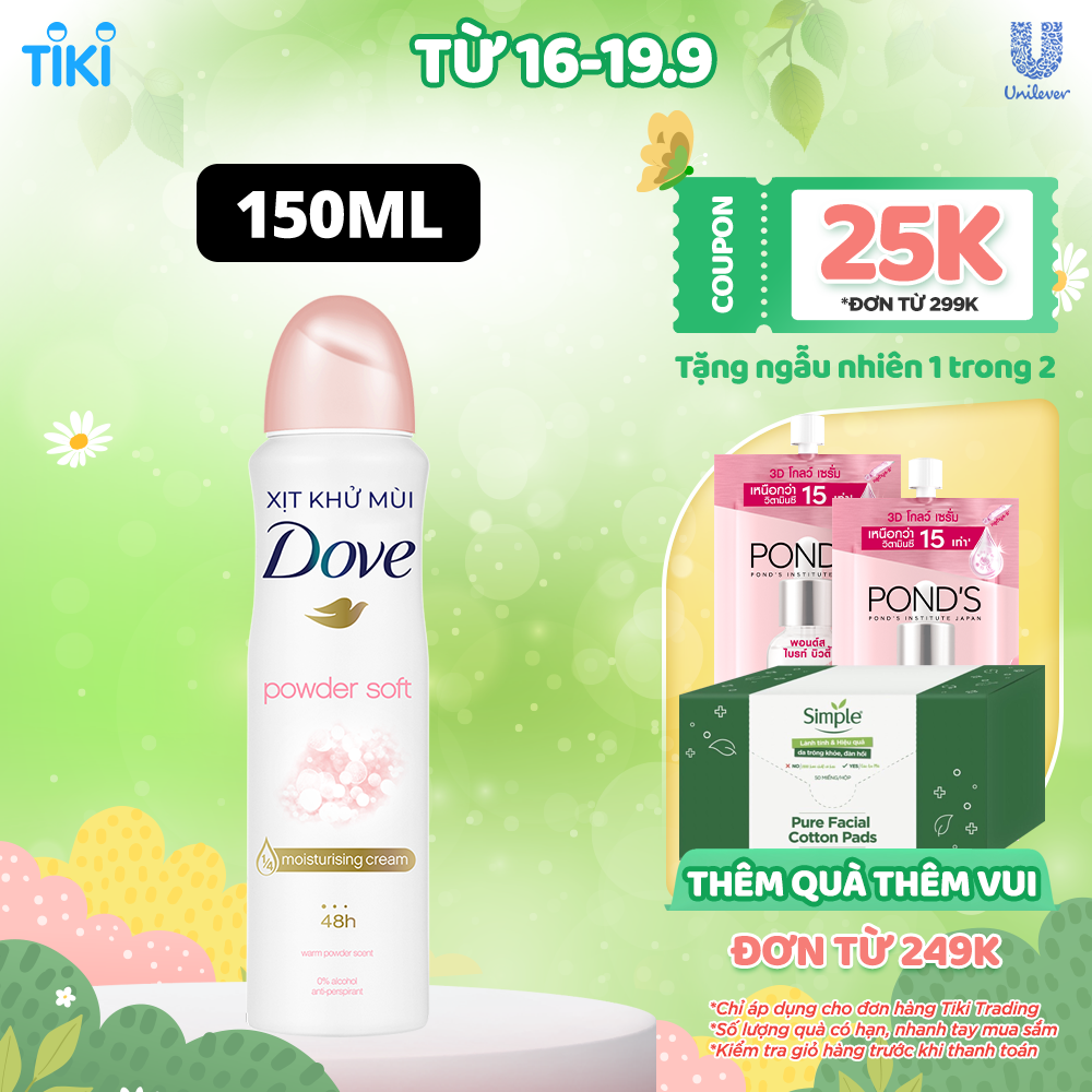 Xịt khử mùi Dove Powder Soft Hương phấn thơm Dưỡng da Sáng mịn dành cho nữ, 150ml