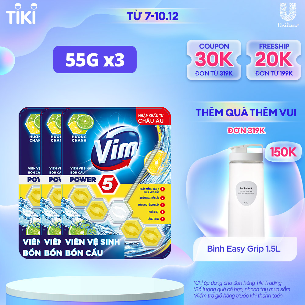 Combo Viên tẩy bồn cầu 55G x 3 VIM Power 5 hương Chanh Sạch Khuẩn Thơm Mát suốt 30 ngày