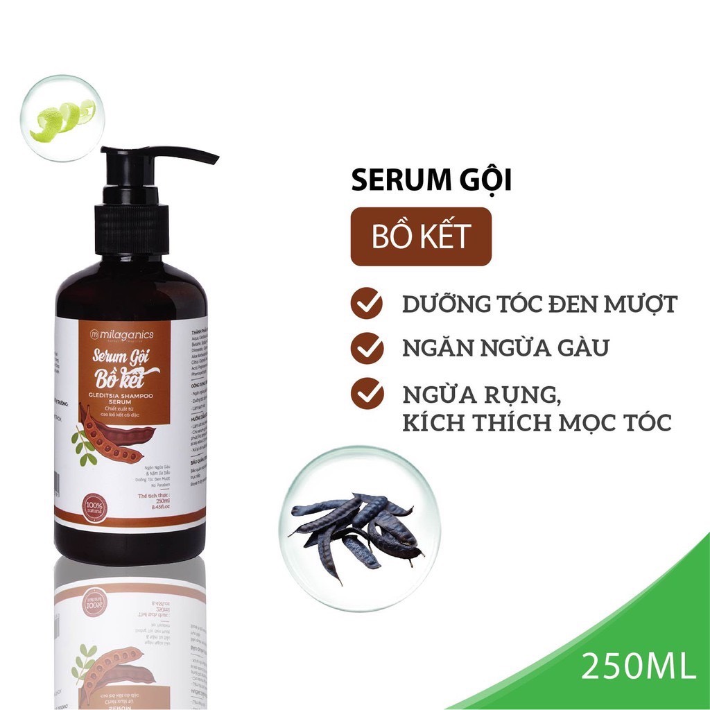 Serum Gội Bồ Kết Milaganics - Chiết Xuất Bồ Kết Cô Đặc Cho Mái Tóc Đen Óng Mượt Tự Nhiên (250ml/chai)