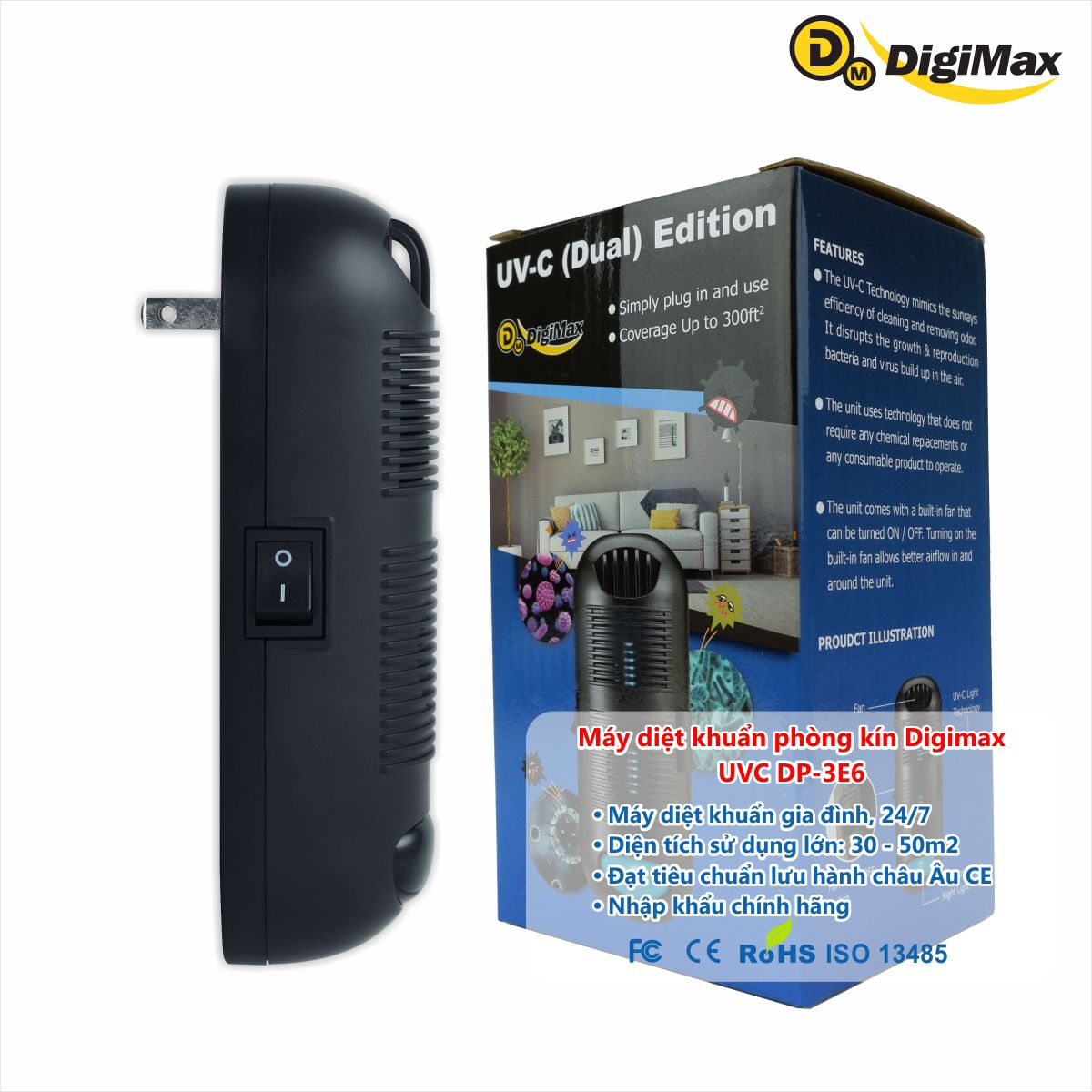 Máy diệt khuẩn phòng kín Digimax UV-C, 30-50m2, 24/7, 10.000hr, AC 220V - Hàng Chính Hãng