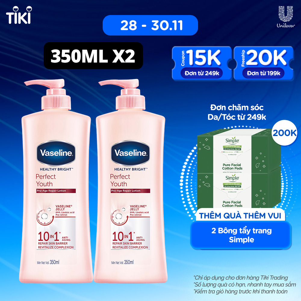 Combo 2 Sữa dưỡng thể với thành phần ngừa lão hóa dưỡng sáng VASELINE Healthy Bright Perfect Youth 350ML/chai